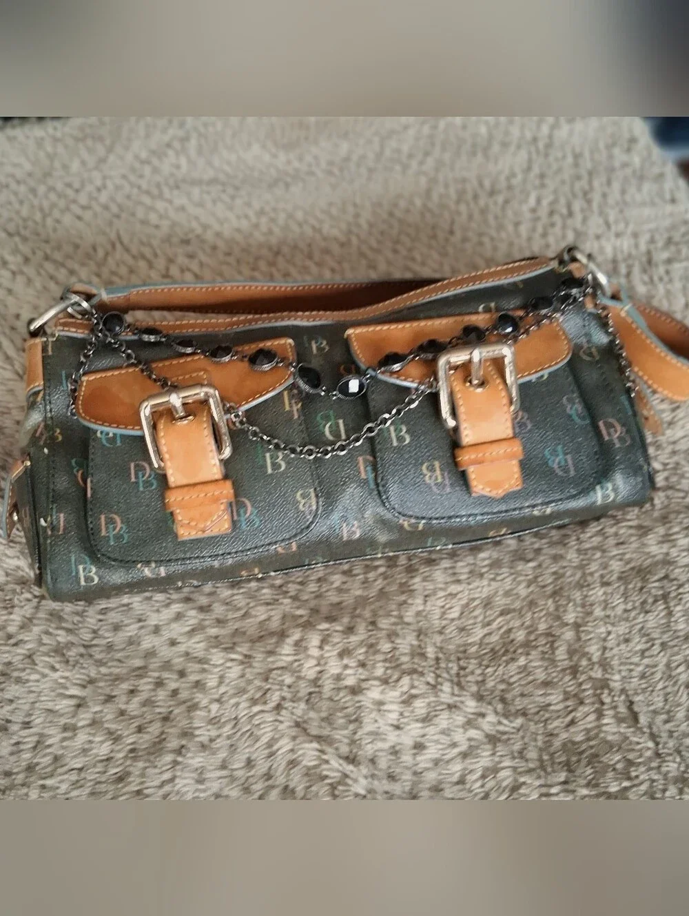 Dooney & Bourke Brown Logo Shoulder Bag with Tan Trim and Chain Detail
